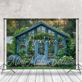 Aperturee - Retro Blue Wood House Greenery Spring Photo Backdrop